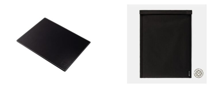 Black rectangular EMF protection pad shown from two angles - flat and framed view