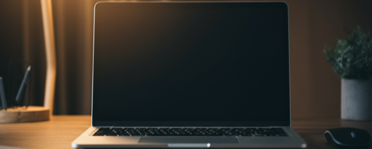 Laptop computer on wooden desk with soft warm lighting, small potted plant nearby, black screen glowing