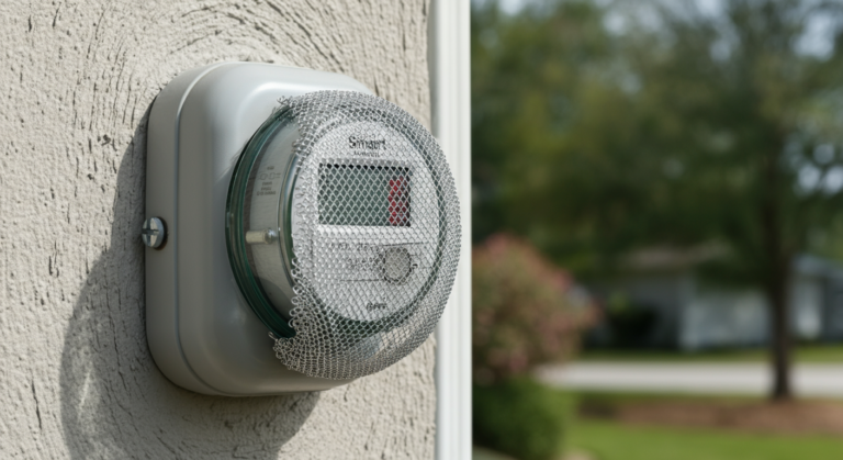 Utility electric meter mounted on a white exterior wall with blurred suburban background and trees