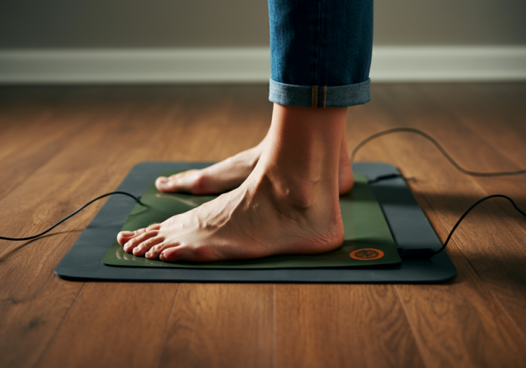 Grounding mat under bare feet for earthing therapy