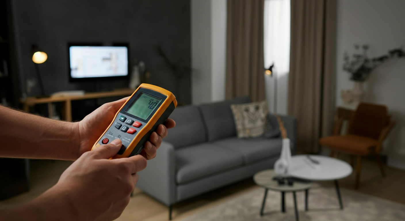 Person scanning a living room with an EMF meter to check various locations