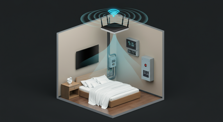Hotel room diagram showing EMF sources from WiFi, TV, alarm clock, and electrical panels