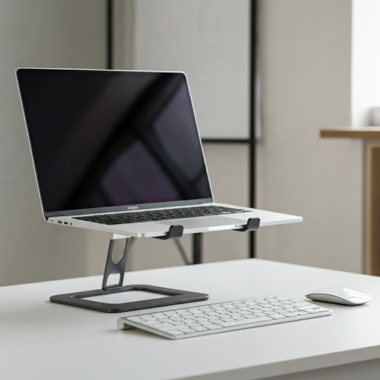 Safe laptop use practices including desk positioning and external peripherals