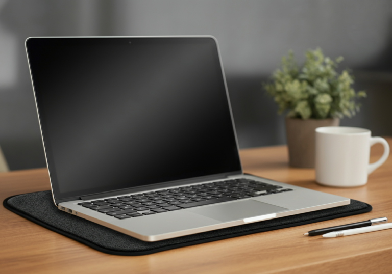 Laptop with EMF radiation shield pad on desk