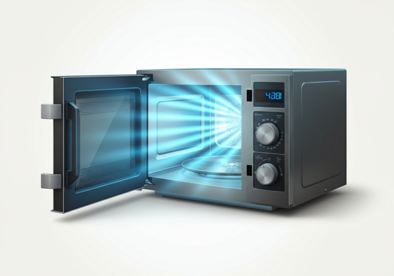 Microwave oven showing electromagnetic waves radiating outward