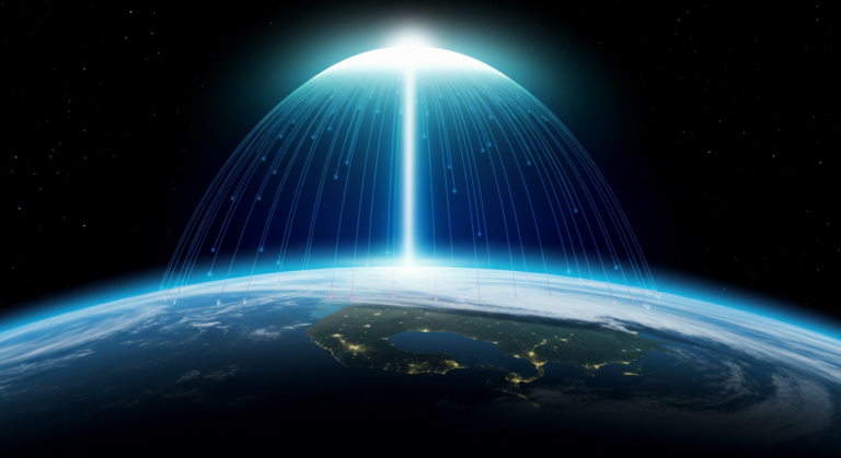 Diagram showing high-altitude nuclear detonation creating electromagnetic pulse spreading across Earth surface