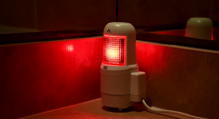 Red nightlight in bathroom providing low-impact illumination for better sleep quality