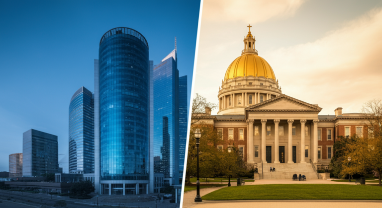 Split image showing industry vs independent research concepts for EMF radiation research