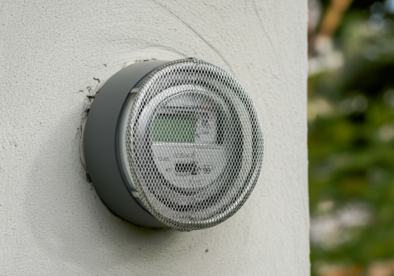 Smart meter guard with metallic mesh cover installed over utility meter