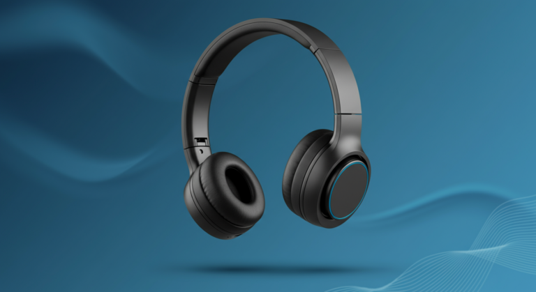 Black wireless over-ear headphones floating against a blue wavy background