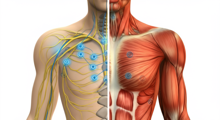Visual comparison of TENS targeting nerve pain signals versus EMS targeting muscle fibers for EMF radiation levels