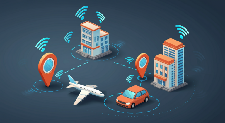 Journey visualization showing EMF exposure points at airports, airplanes, hotels, and transportation