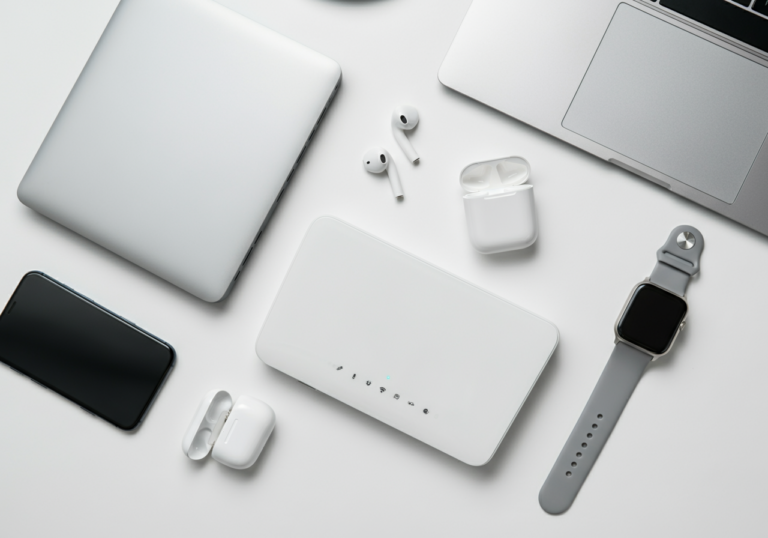 Collection of wireless devices including phone, watch, earbuds, router