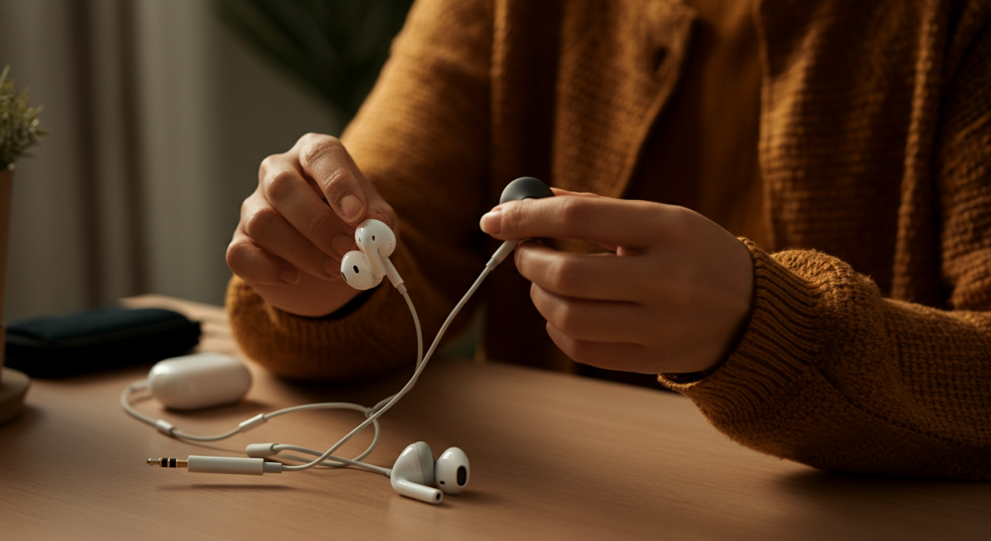 Person choosing wired headphones over wireless earbuds to reduce Bluetooth exposure