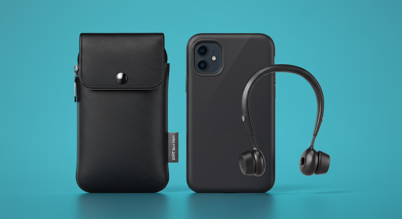 EMF protection products for cell phones including shielding pouch and air tube headset