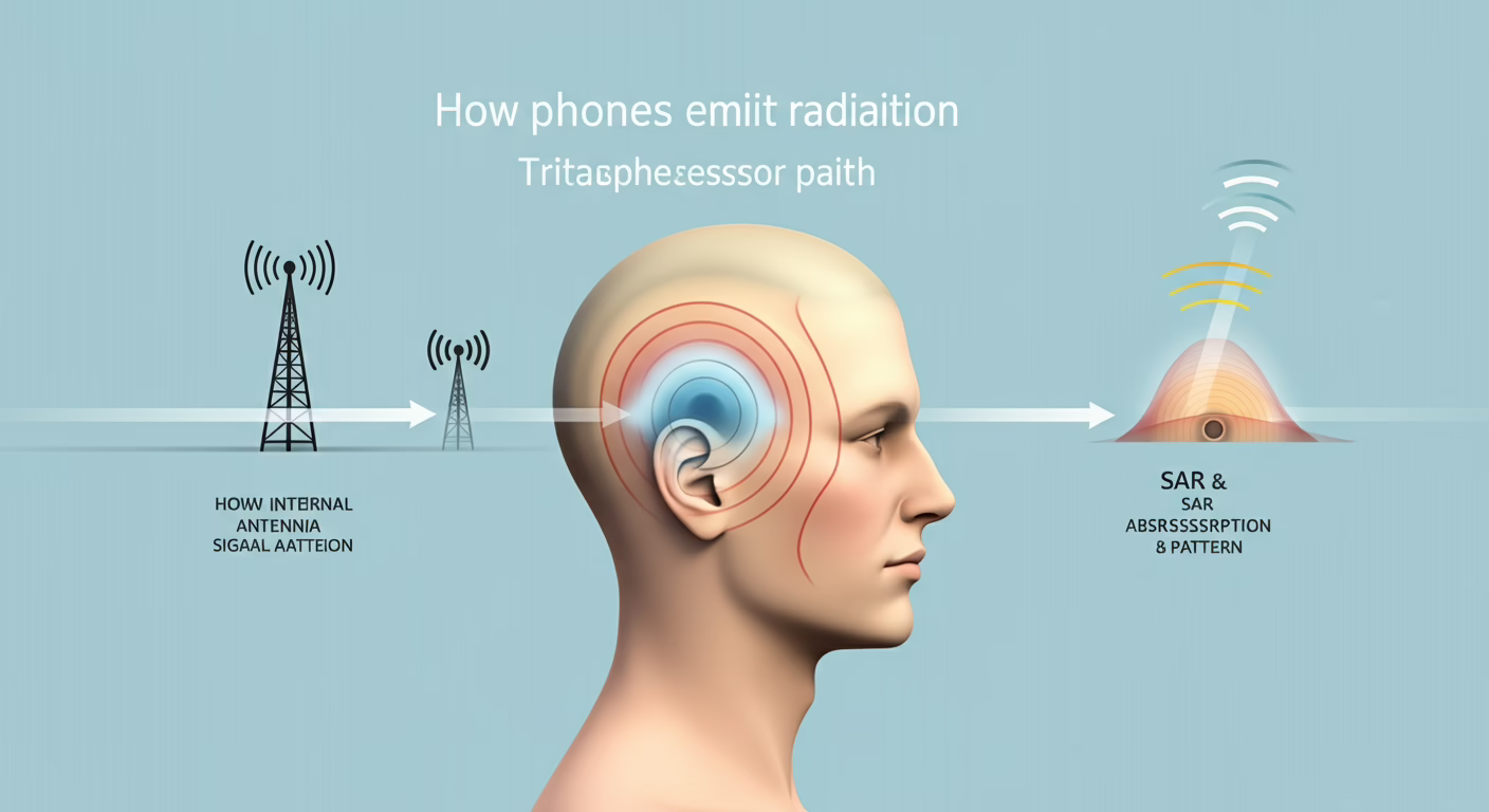 Cell phone internal antenna diagram showing signal transmission and SAR absorption