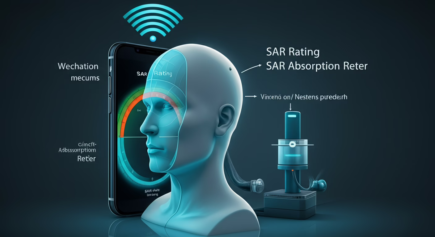 SAR rating testing concept showing smartphone measured against simulated head