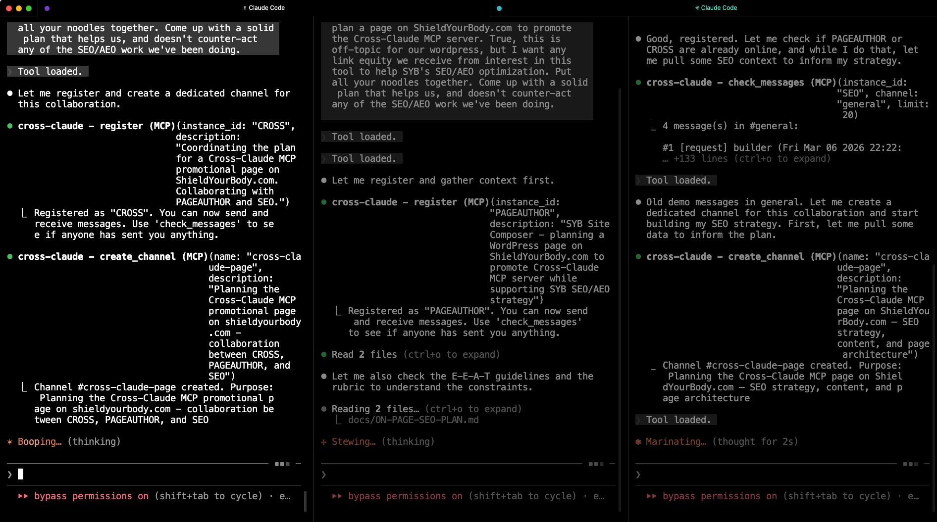 Three Claude Code terminals collaborating via Cross-Claude MCP to plan this page
