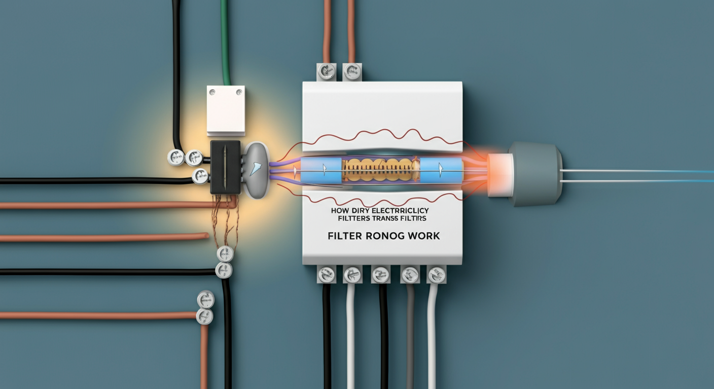 Diagram showing how dirty electricity filters absorb high-frequency voltage transients