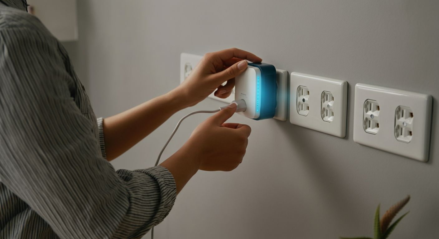 Homeowner installing a plug-in dirty electricity filter in a home office outlet