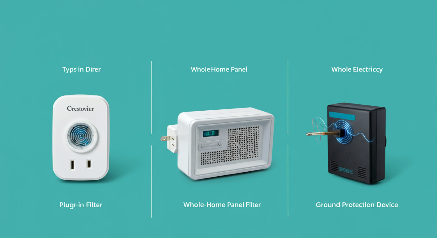 Three types of dirty electricity filters compared: plug-in, whole-home panel, and grounding