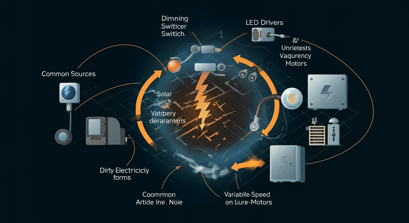 Common dirty electricity sources including dimmer switches, LED drivers, and inverters