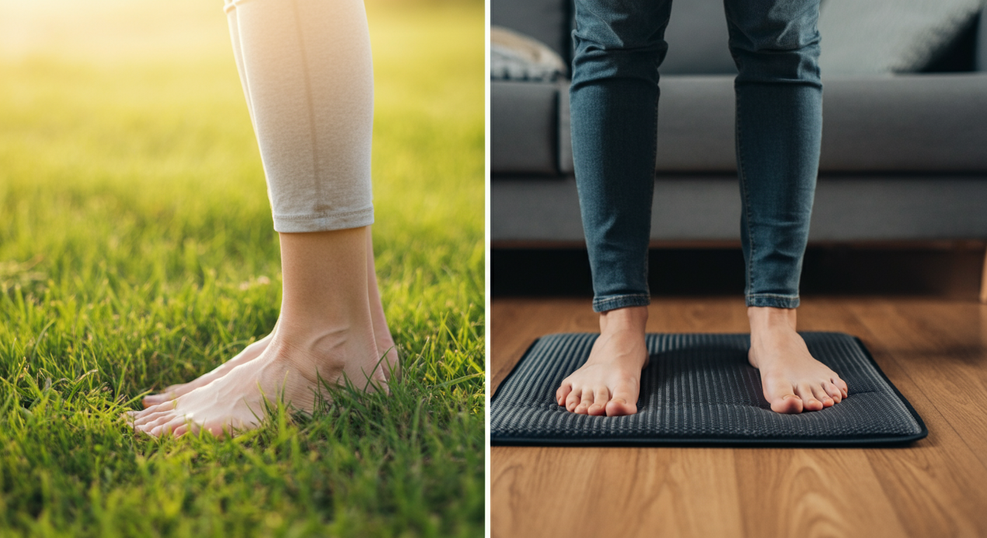 Grounding mat use versus natural earthing barefoot on grass comparison
