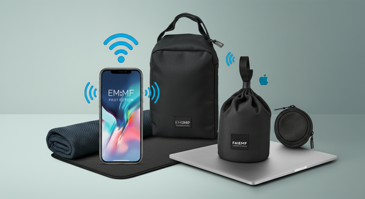 EMF protection products including phone pouch, laptop pad, and Faraday bag