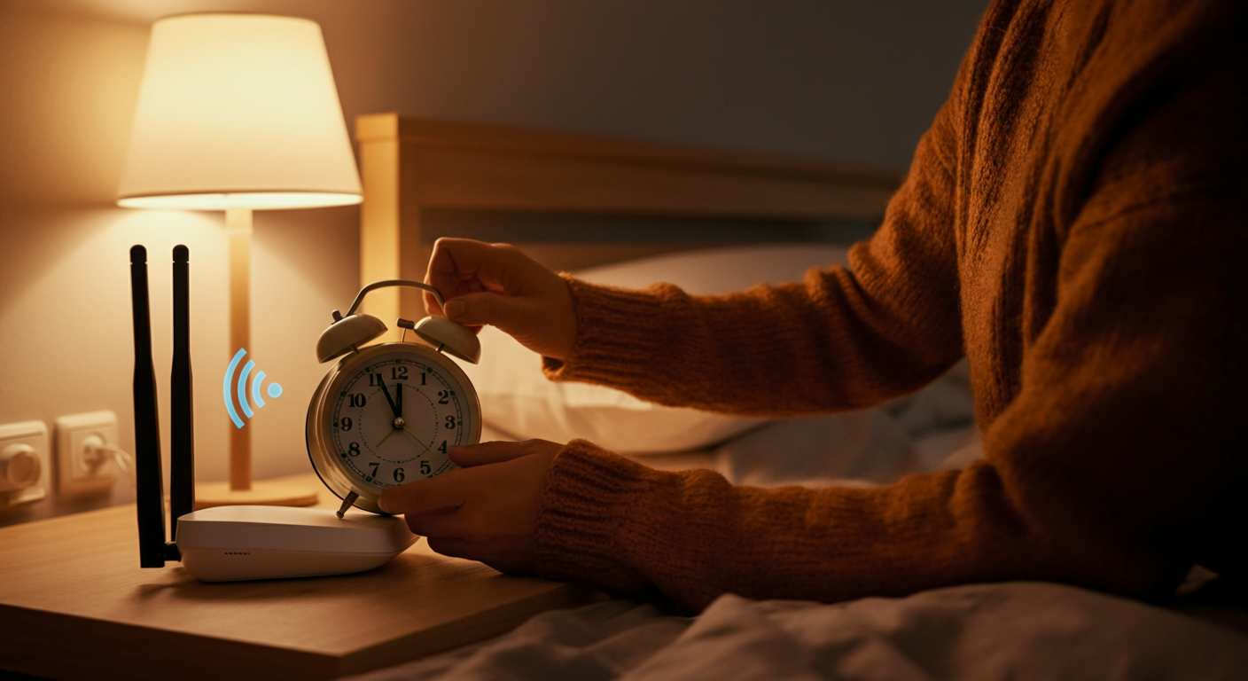 Person creating low-EMF bedroom by turning off WiFi and using analog clock