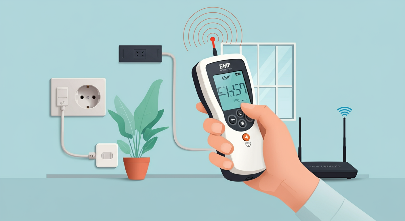 Person using EMF meter to measure electromagnetic fields in home environment