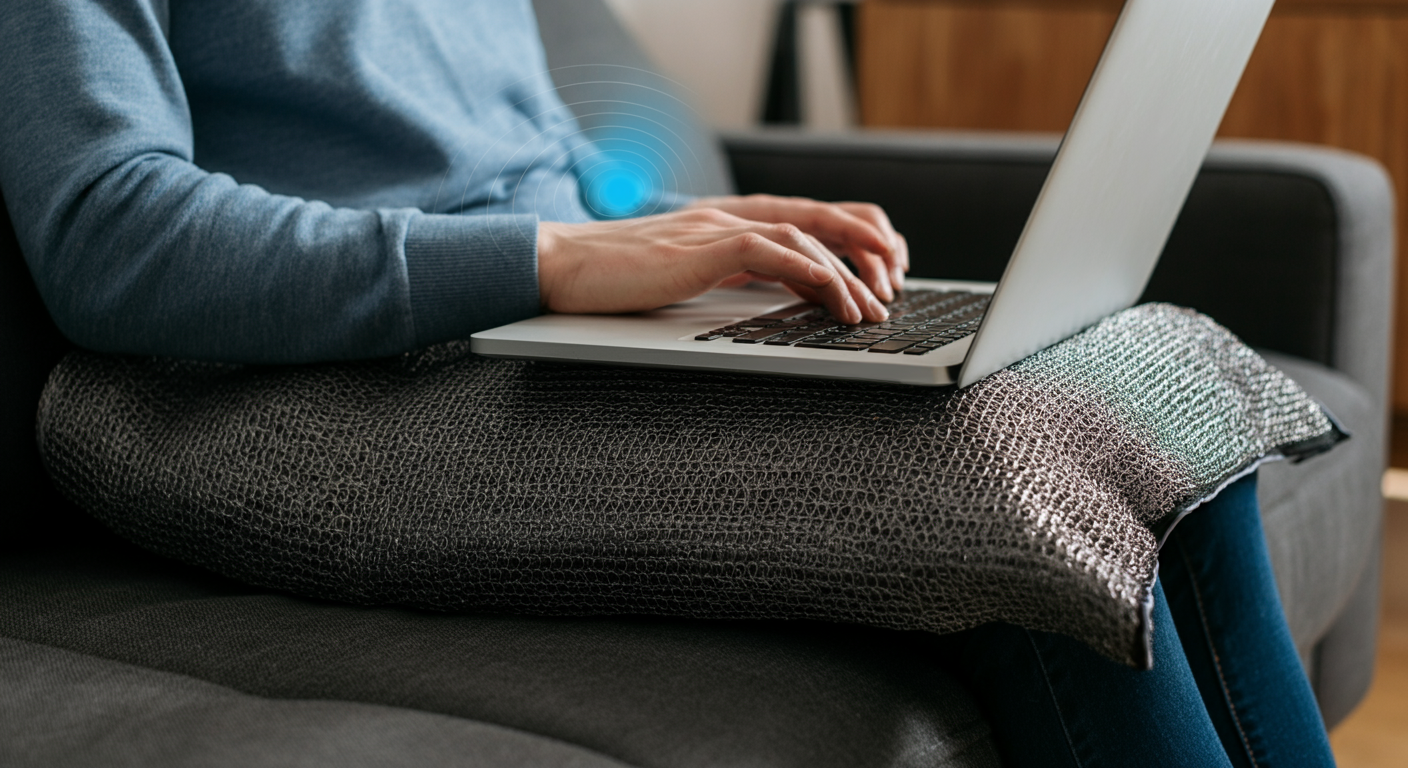 EMF shielding blanket used as protective lap cover between laptop and body