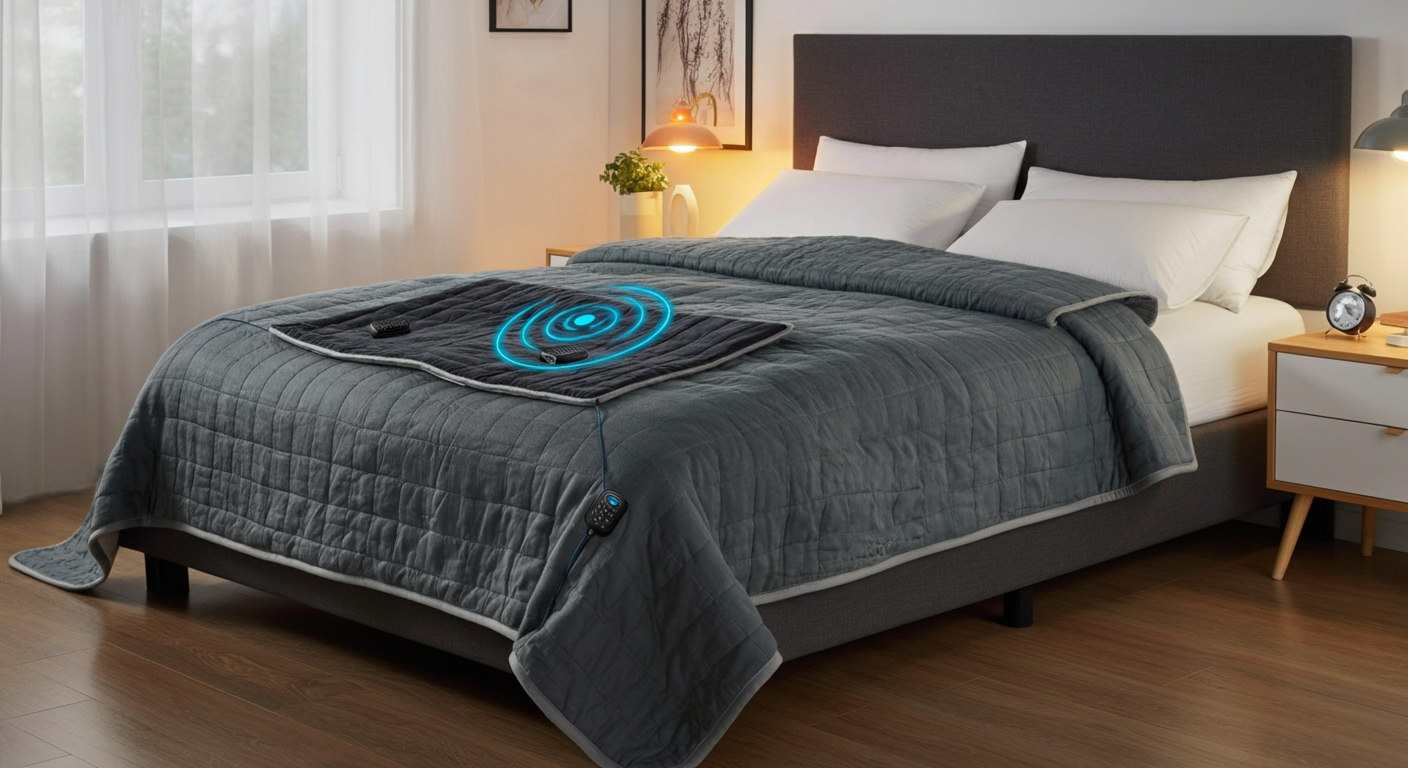 Large EMF shielding blanket draped over bed for full-body nighttime protection