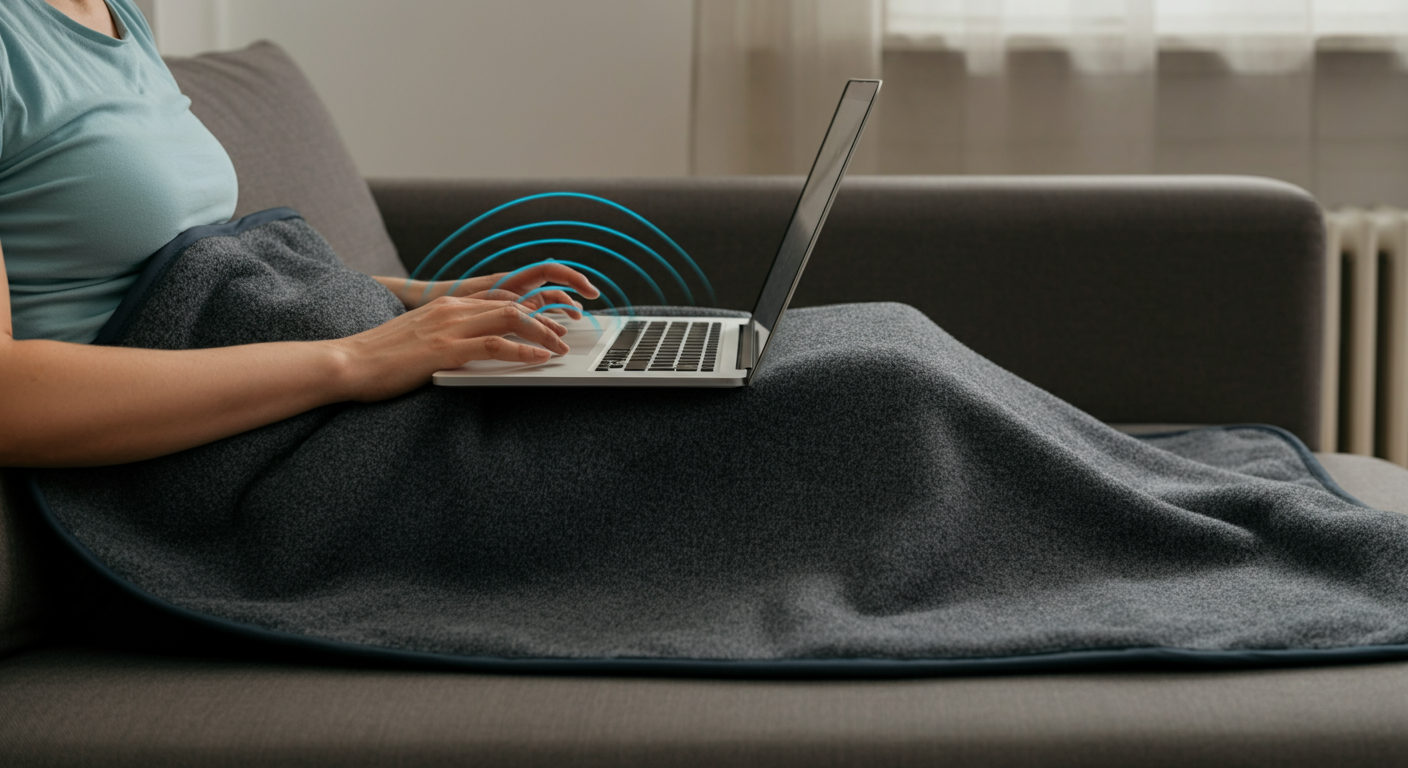 Person using EMF shielding blanket on lap between body and laptop for targeted protection
