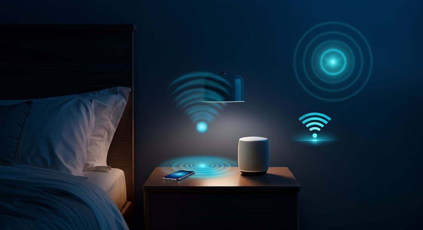 Bedroom at night showing invisible EMF waves from electronic devices near the bed