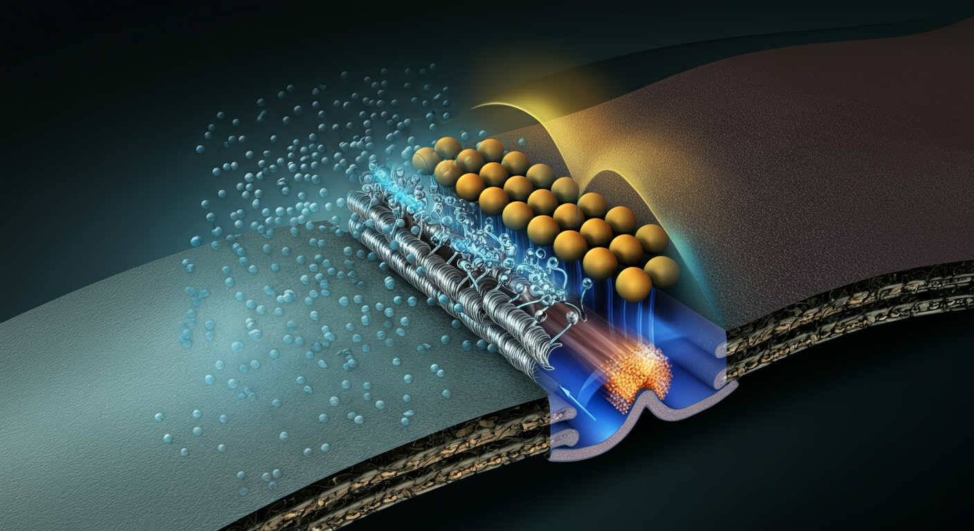 EMF protection clothing cross-section showing metallic fibers shielding radiation