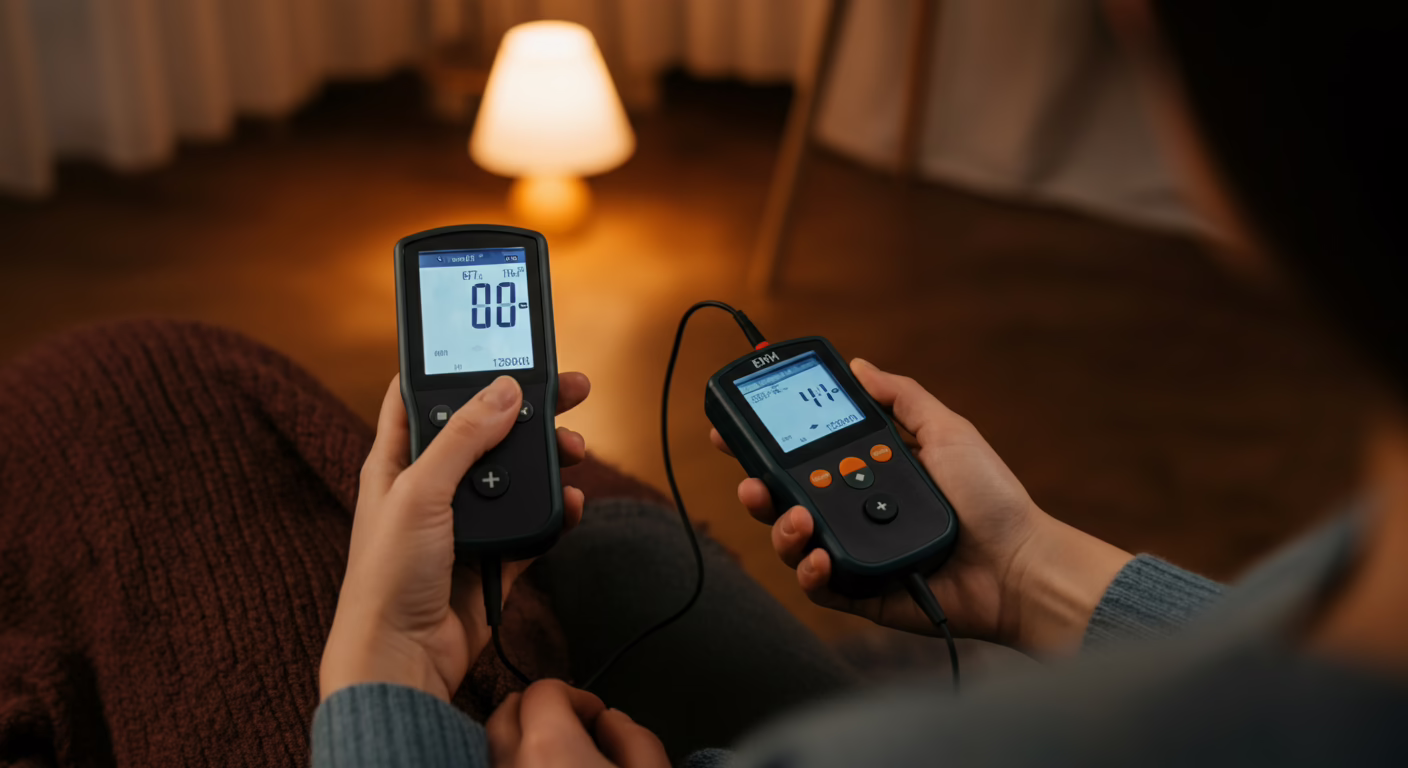 Person using EMF meter to measure and track radiation reduction progress