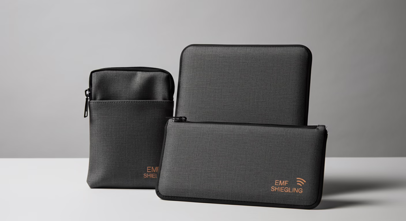 EMF shielding products including phone pouch, laptop shield, and bed canopy