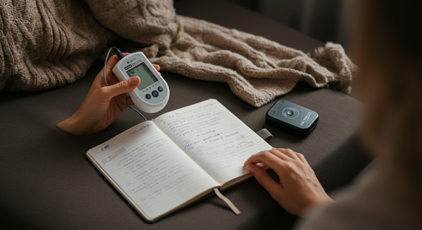 Person tracking EMF sensitivity symptoms in health journal alongside EMF meter