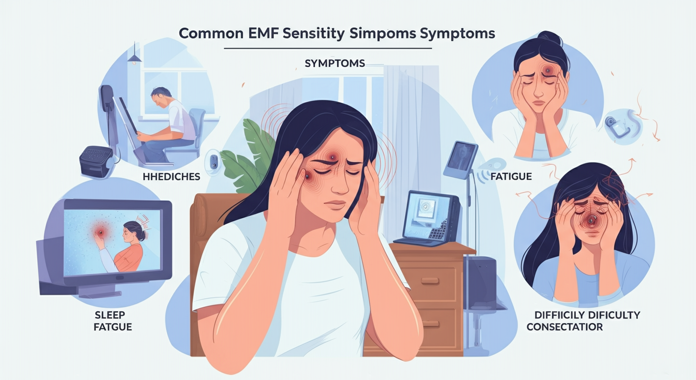 Common EMF sensitivity symptoms including headaches, sleep disruption, and fatigue