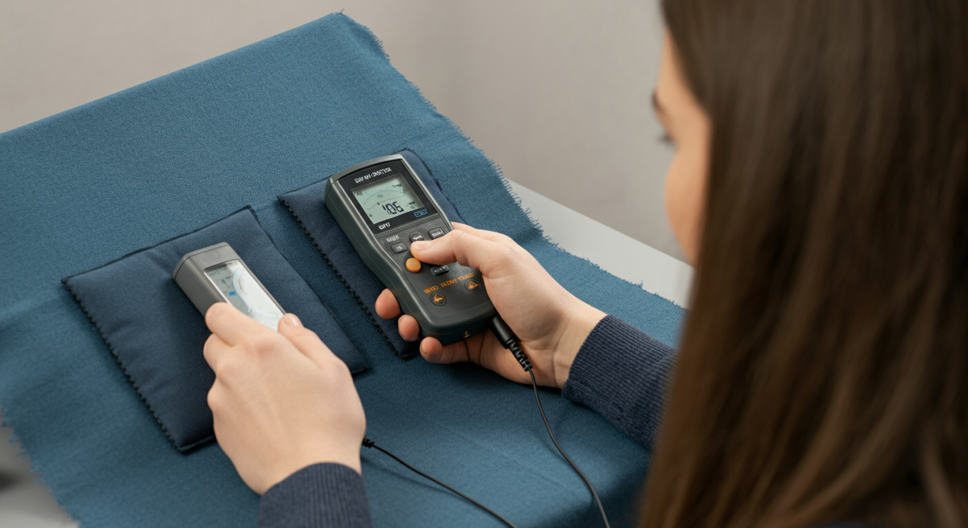 Person testing EMF shielding fabric with RF meter to measure signal reduction