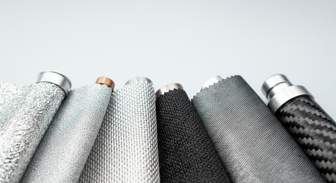Different types of EMF shielding fabric including silver mesh and copper blend