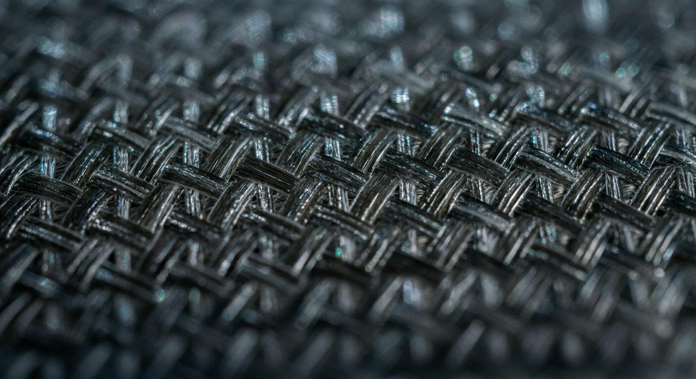 Close-up of silver-threaded EMF shielding fabric showing metallic fiber weave
