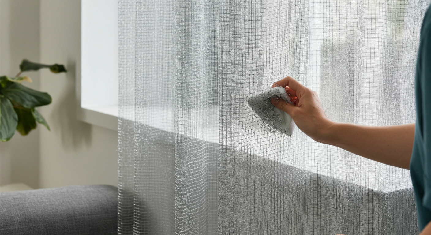Person inspecting and maintaining silver-threaded EMF shielding curtain