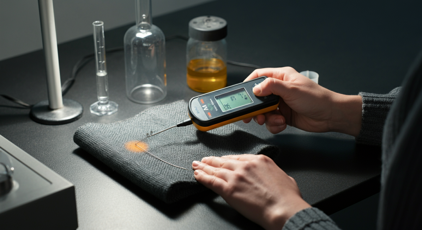 Person using EMF meter to test shielding effectiveness of Faraday fabric