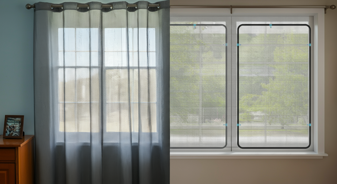 Faraday fabric curtains and metal mesh shielding installed on home window