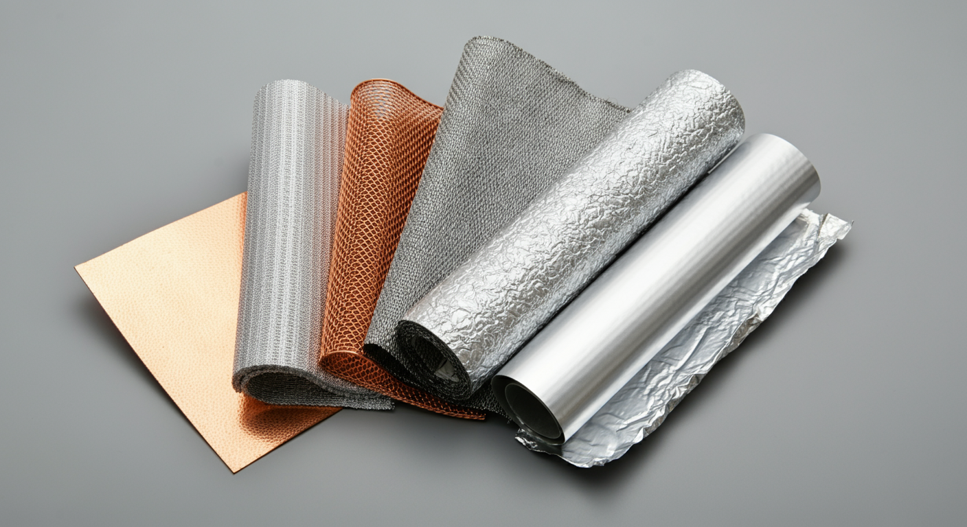 Different EMF shielding materials including copper mesh and silver-threaded fabric