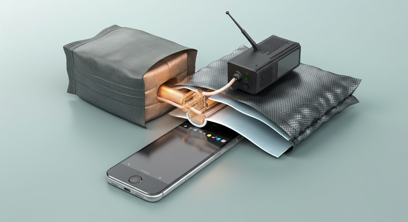 Faraday bag cross-section showing conductive lining protecting phone from EMP