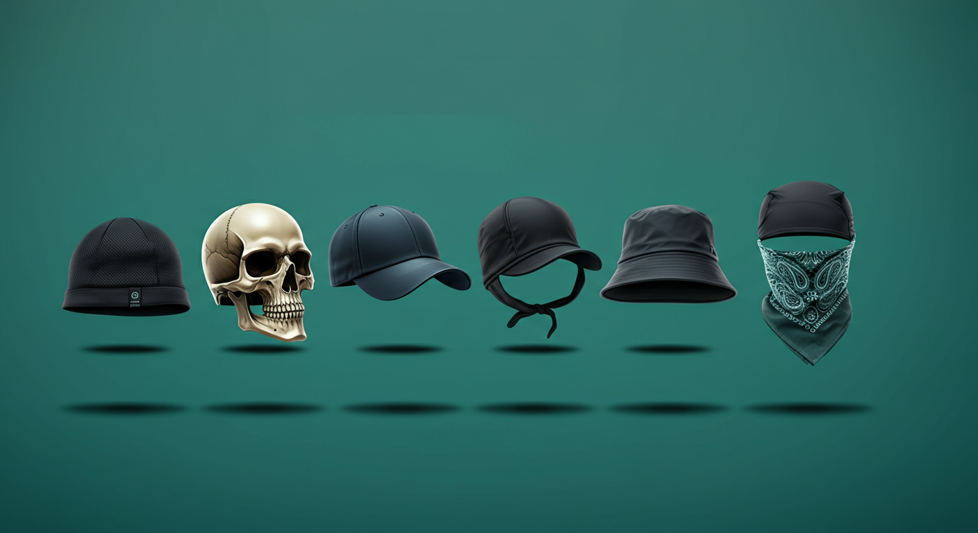 Different styles of EMF-shielding Faraday hats including skull cap beanie and baseball cap