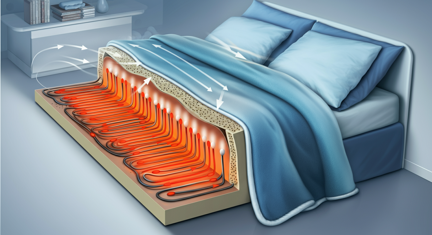 Electric blanket cross-section showing heating wires generating EMF near body