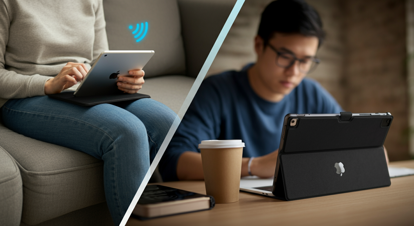 Different tablet EMF protection scenarios comparing pad on lap versus integrated case at desk